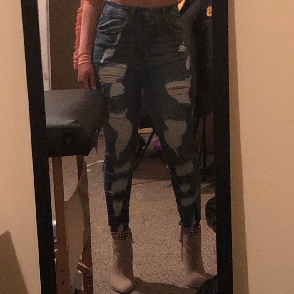 Blue denim distressed skinny jeans (mid waist )
